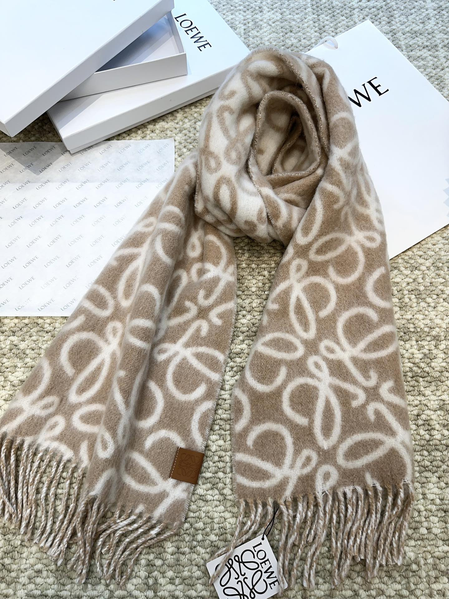 LOEWE SCARF 186 CM IN CAMEL BEIGE MIX WHITE ALPACA AND WOOL 403822