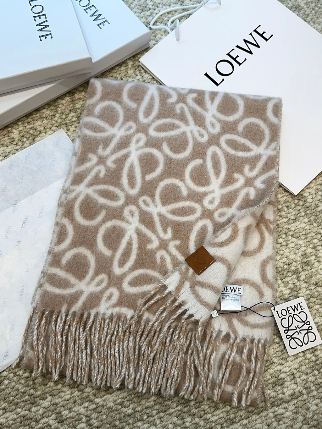 LOEWE SCARF 186 CM IN CAMEL BEIGE MIX WHITE ALPACA AND WOOL 403822