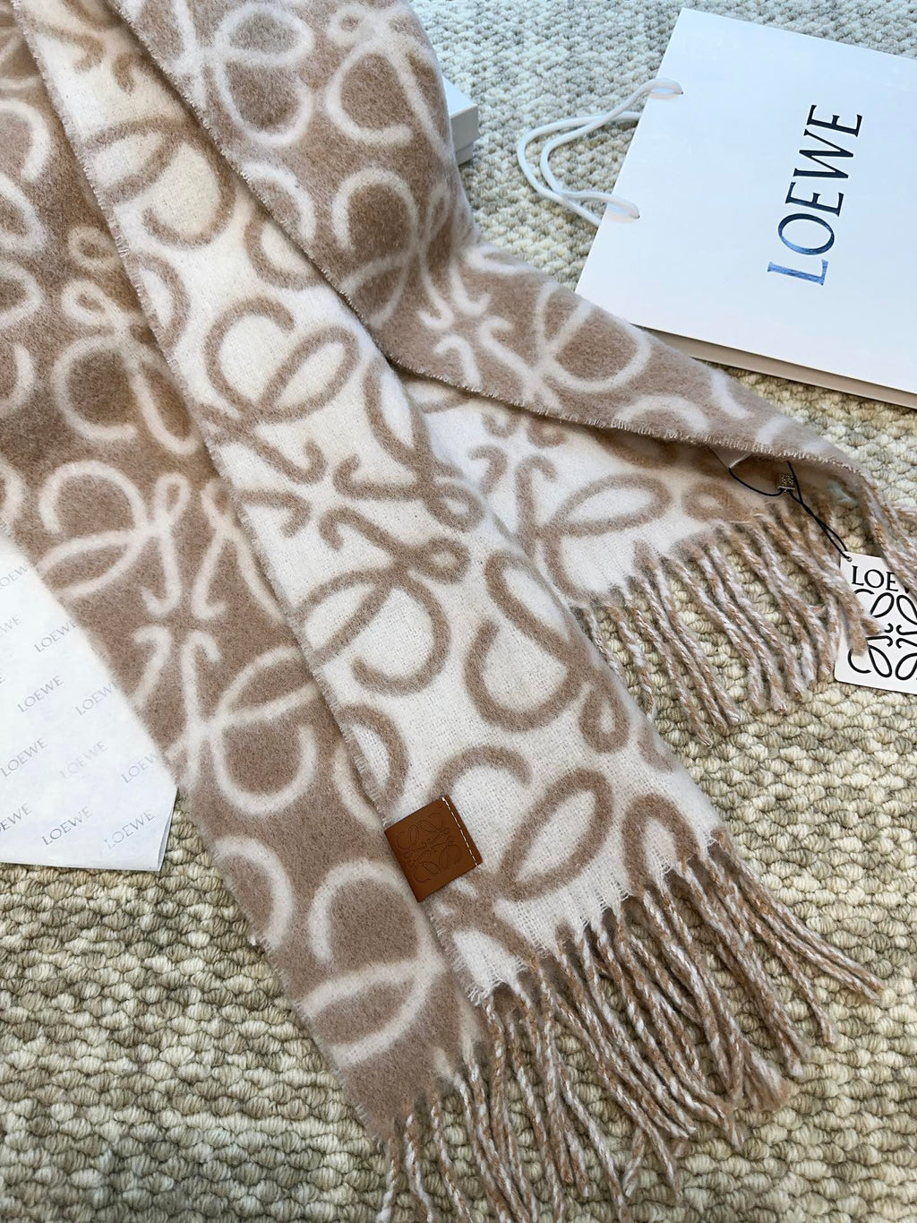 LOEWE SCARF 186 CM IN CAMEL BEIGE MIX WHITE ALPACA AND WOOL 403822