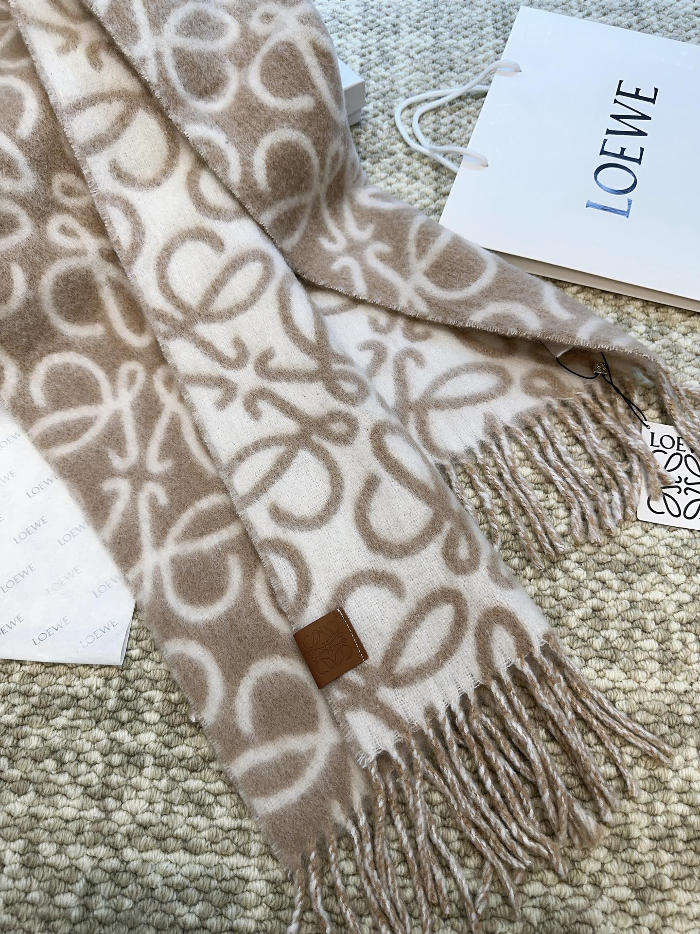 LOEWE SCARF 186 CM IN CAMEL BEIGE MIX WHITE ALPACA AND WOOL 403822