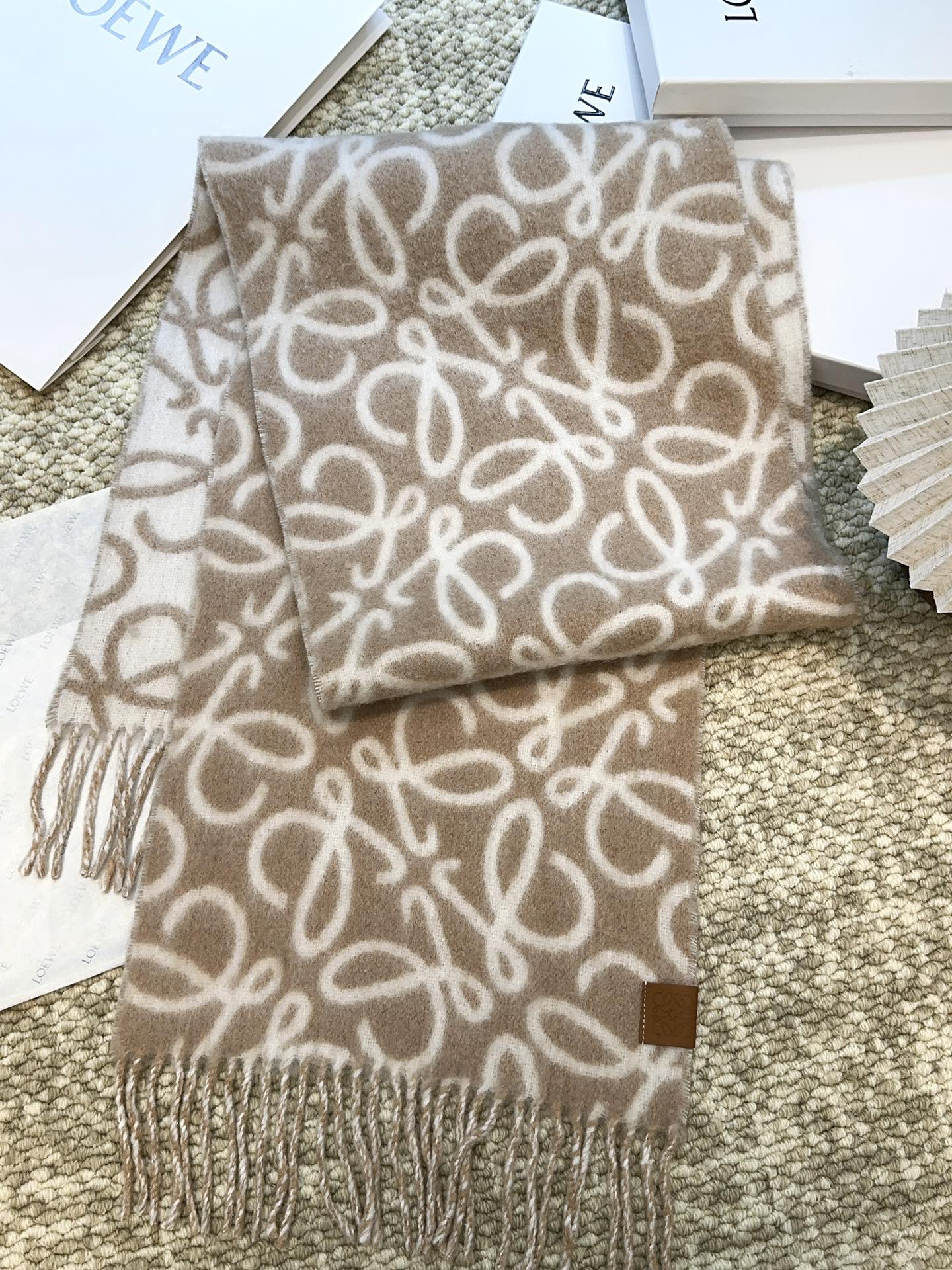 LOEWE SCARF 186 CM IN CAMEL BEIGE MIX WHITE ALPACA AND WOOL 403822