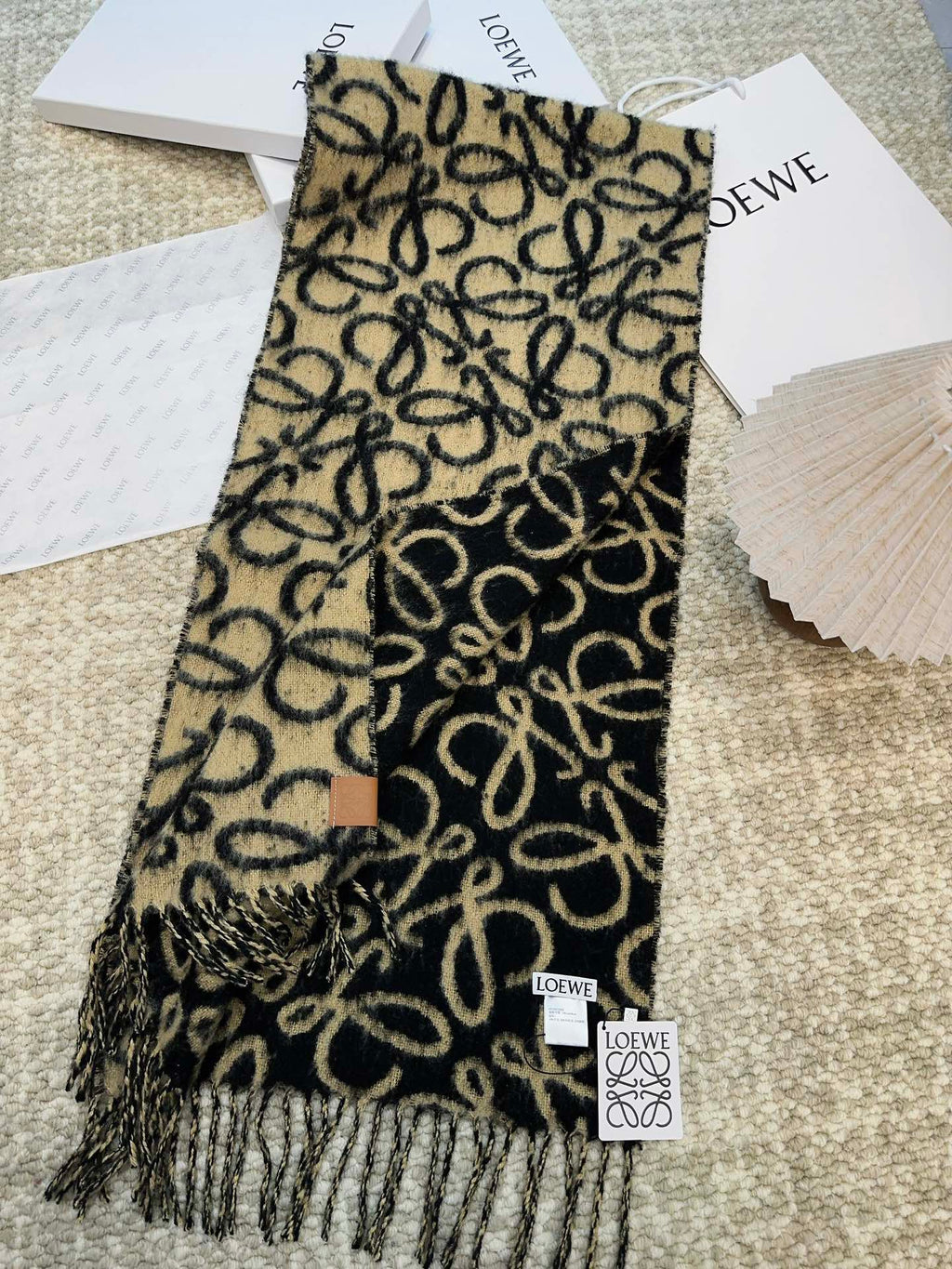 LOEWE SCARF 186 CM IN BLACK MIX CAMEL BEIGE ALPACA AND WOOL 403823