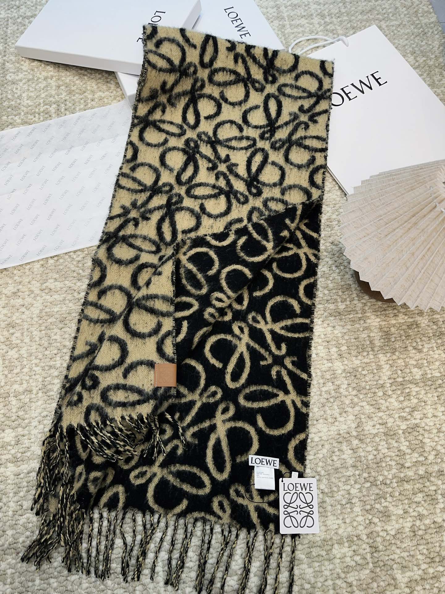 LOEWE SCARF 186 CM IN BLACK MIX CAMEL BEIGE ALPACA AND WOOL 403823