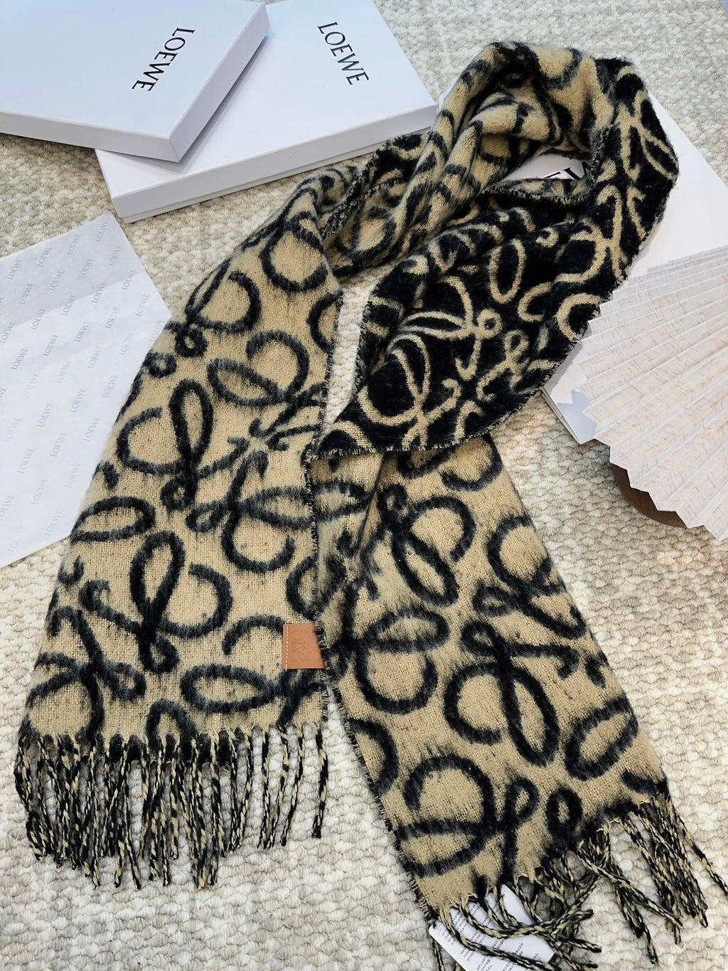 LOEWE SCARF 186 CM IN BLACK MIX CAMEL BEIGE ALPACA AND WOOL 403823