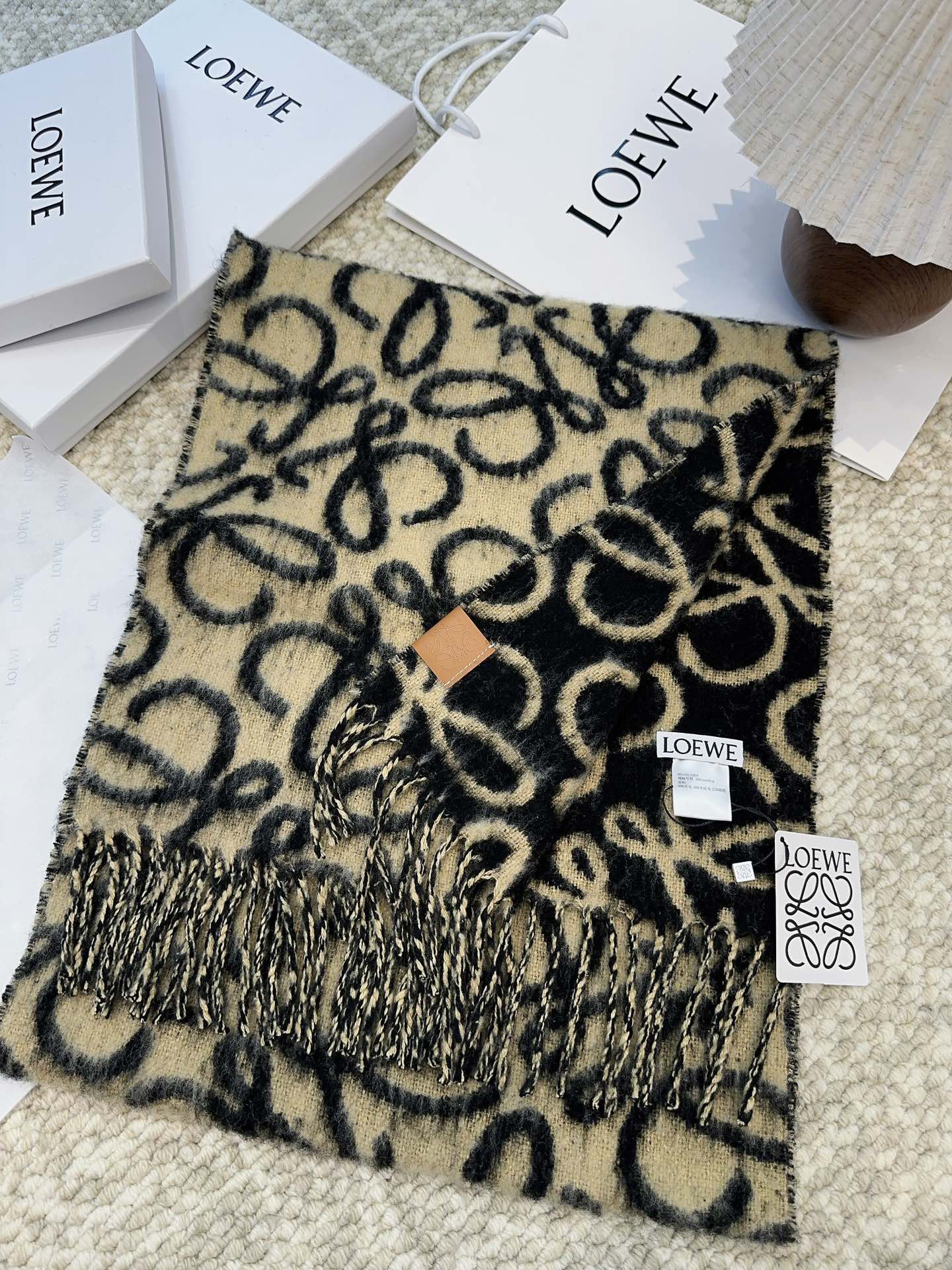 LOEWE SCARF 186 CM IN BLACK MIX CAMEL BEIGE ALPACA AND WOOL 403823