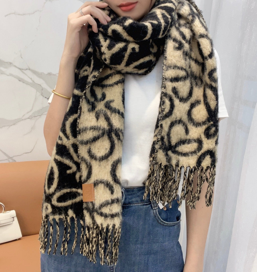 LOEWE SCARF 186 CM IN BLACK MIX CAMEL BEIGE ALPACA AND WOOL 403823