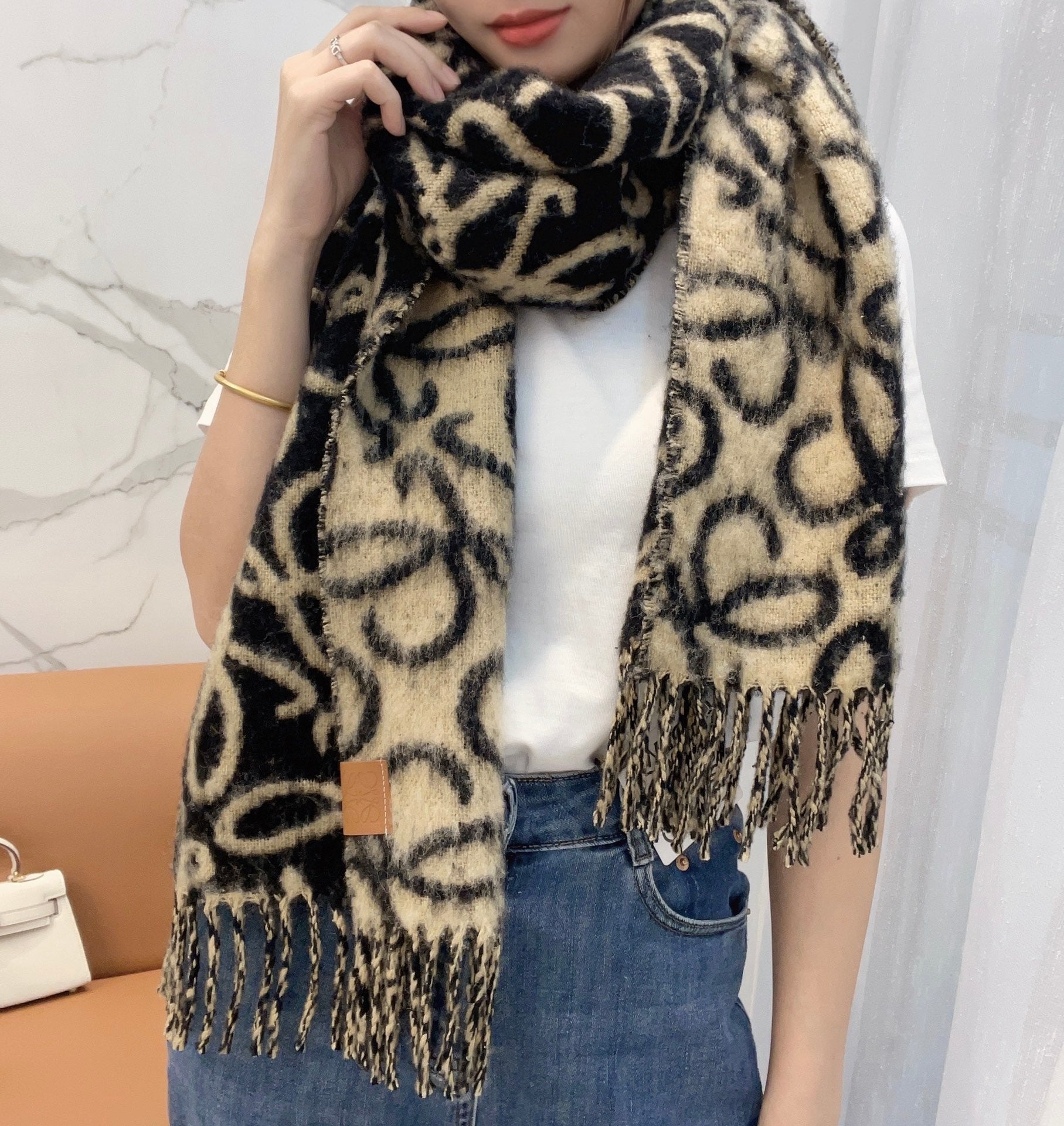 LOEWE SCARF 186 CM IN BLACK MIX CAMEL BEIGE ALPACA AND WOOL 403823