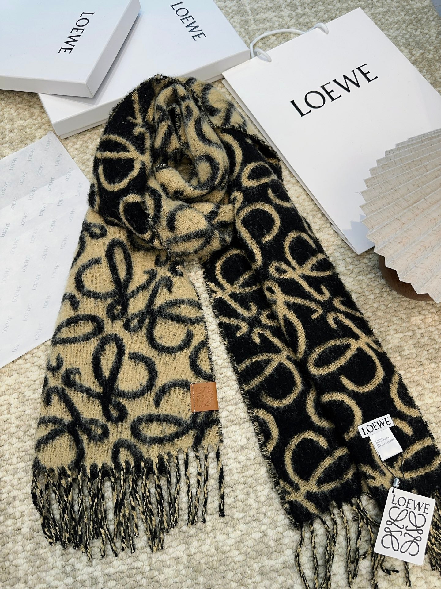LOEWE SCARF 186 CM IN BLACK MIX CAMEL BEIGE ALPACA AND WOOL 403823