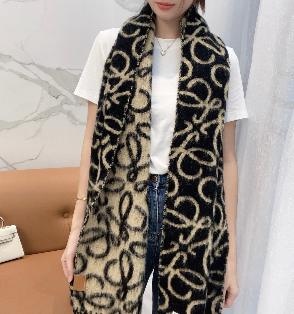 LOEWE SCARF 186 CM IN BLACK MIX CAMEL BEIGE ALPACA AND WOOL 403823