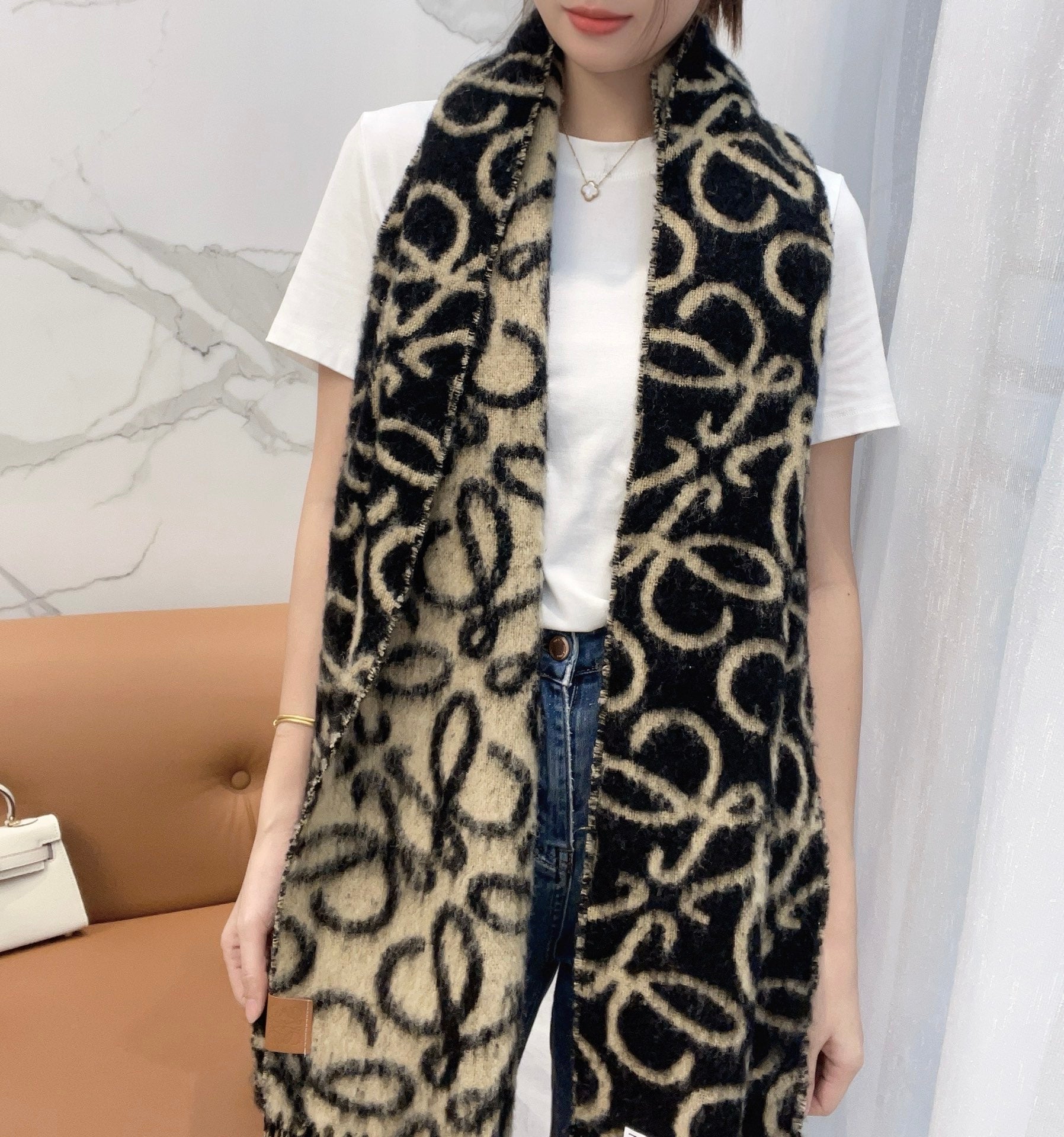 LOEWE SCARF 186 CM IN BLACK MIX CAMEL BEIGE ALPACA AND WOOL 403823
