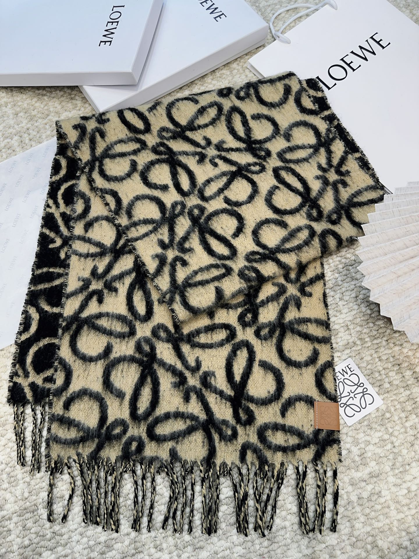 LOEWE SCARF 186 CM IN BLACK MIX CAMEL BEIGE ALPACA AND WOOL 403823