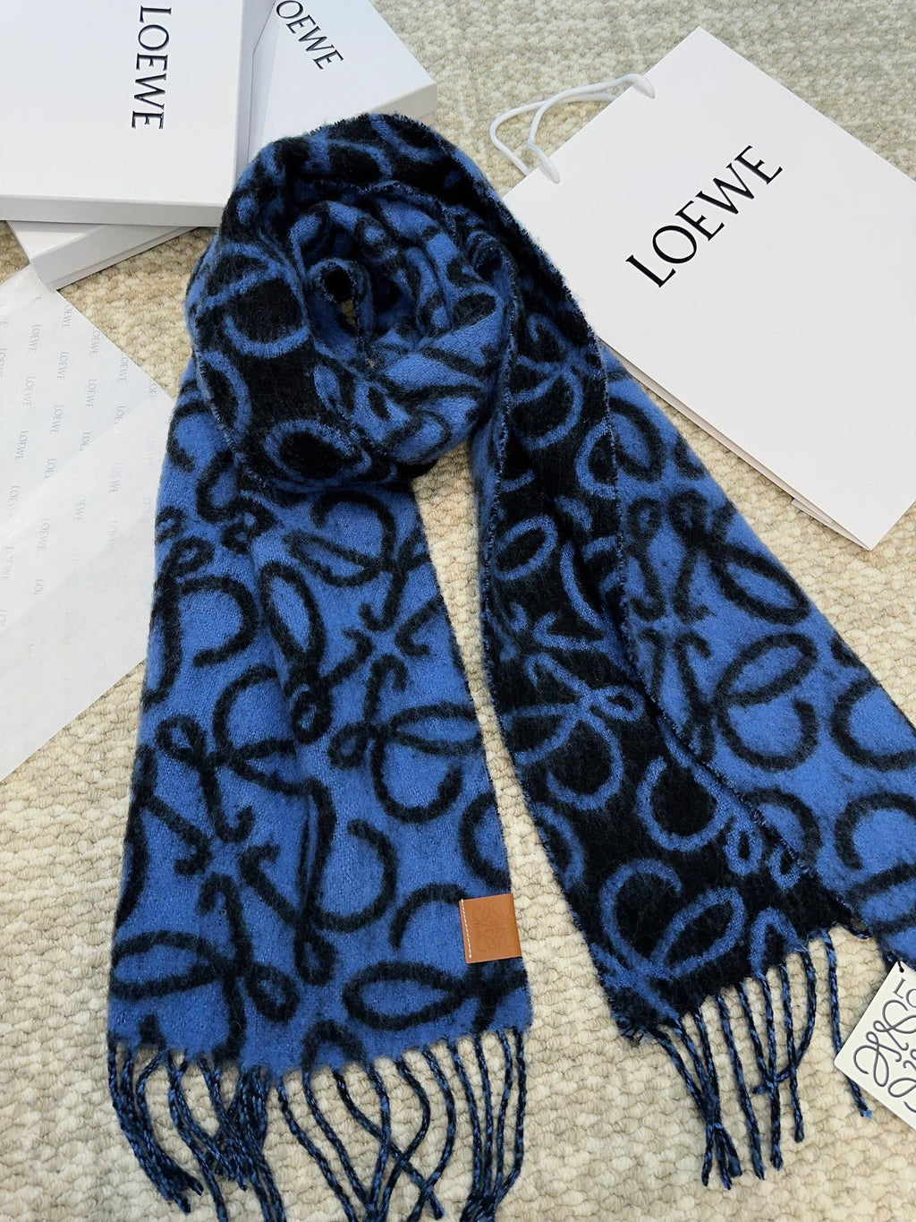 LOEWE SCARF 186 CM IN COBALT BLUE MIX BLACK ALPACA AND WOOL 403824