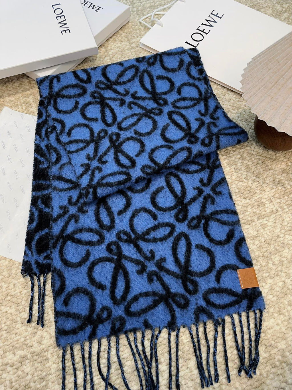 LOEWE SCARF 186 CM IN COBALT BLUE MIX BLACK ALPACA AND WOOL 403824