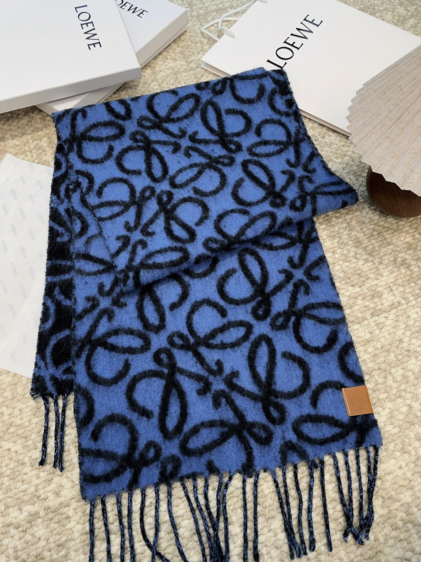LOEWE SCARF 186 CM IN COBALT BLUE MIX BLACK ALPACA AND WOOL 403824