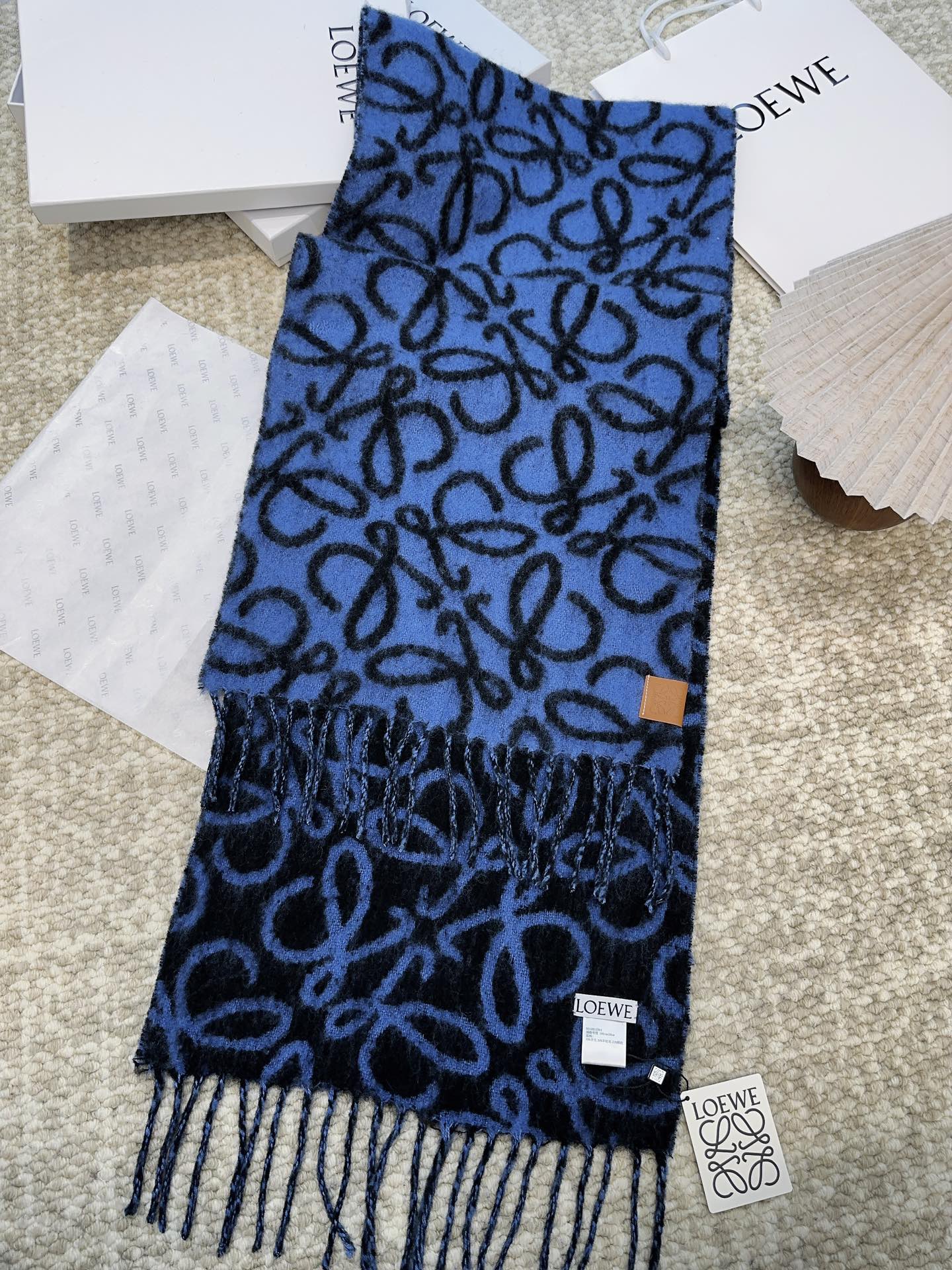 LOEWE SCARF 186 CM IN COBALT BLUE MIX BLACK ALPACA AND WOOL 403824