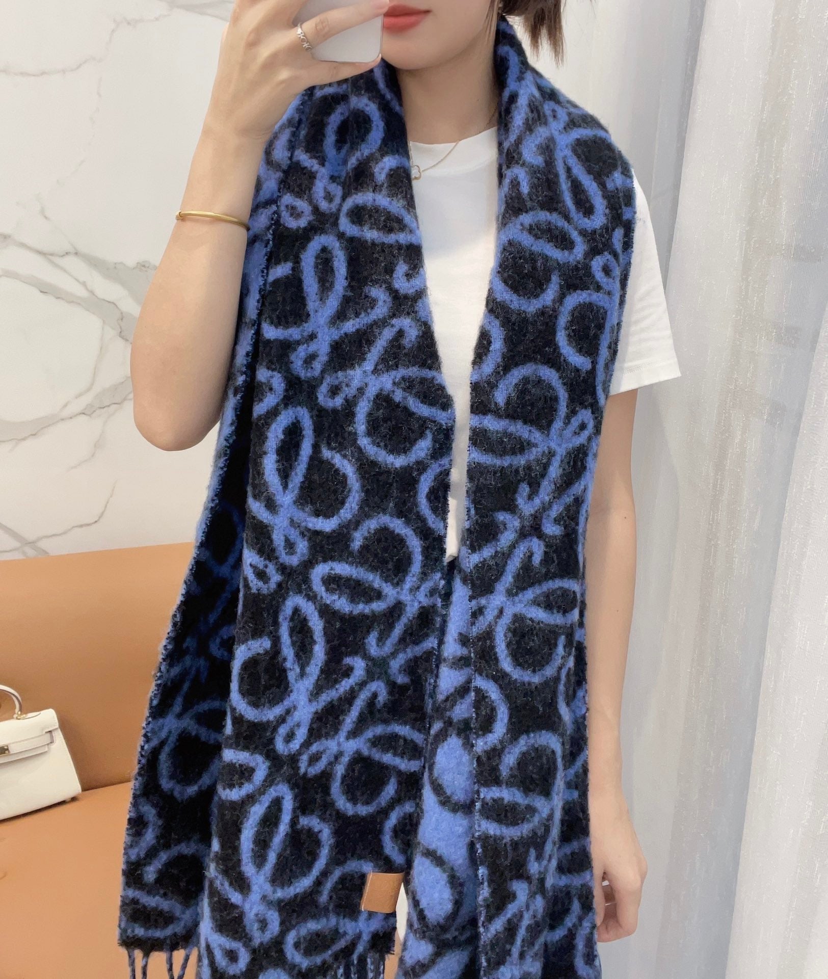 LOEWE SCARF 186 CM IN COBALT BLUE MIX BLACK ALPACA AND WOOL 403824