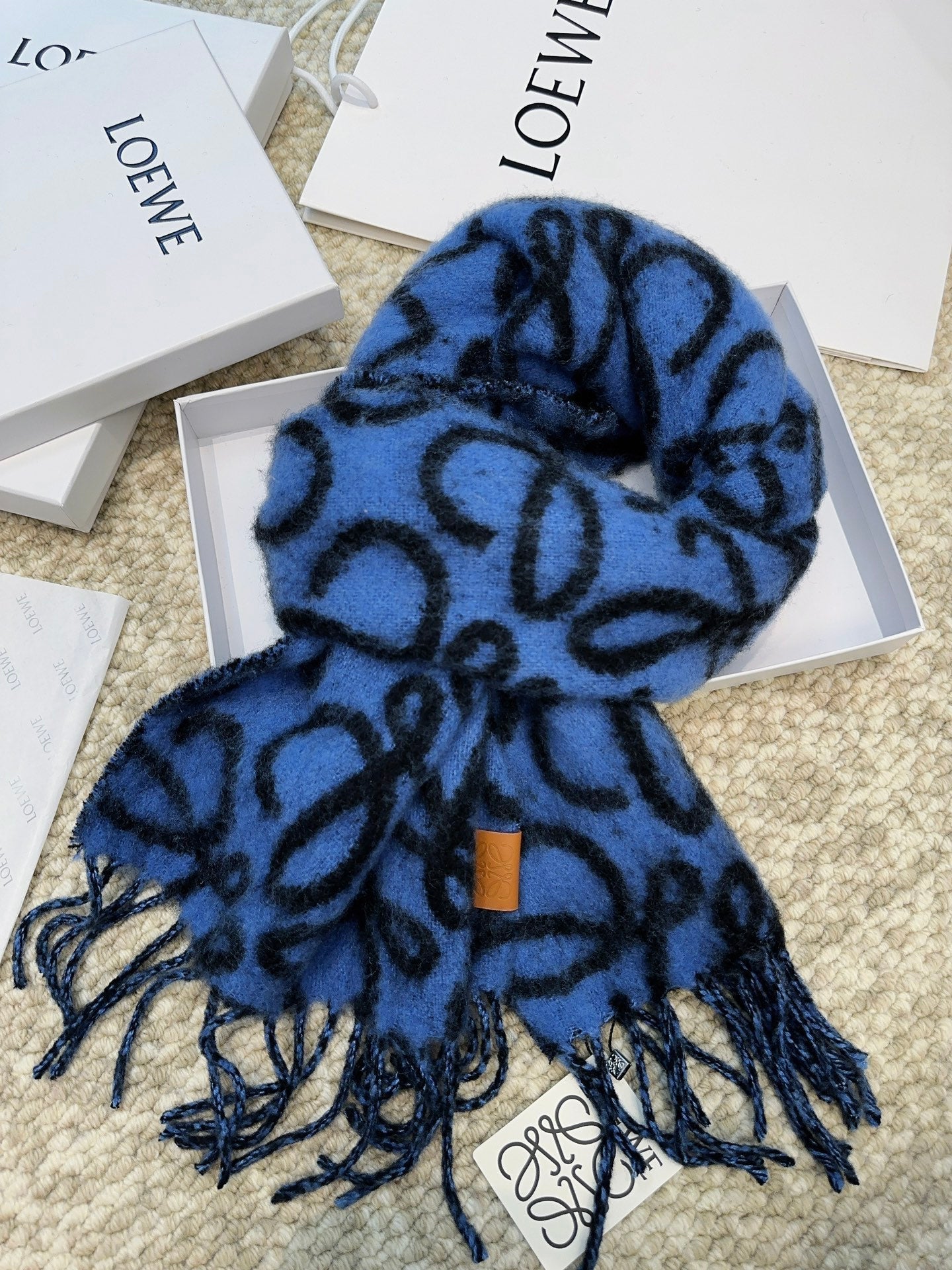 LOEWE SCARF 186 CM IN COBALT BLUE MIX BLACK ALPACA AND WOOL 403824