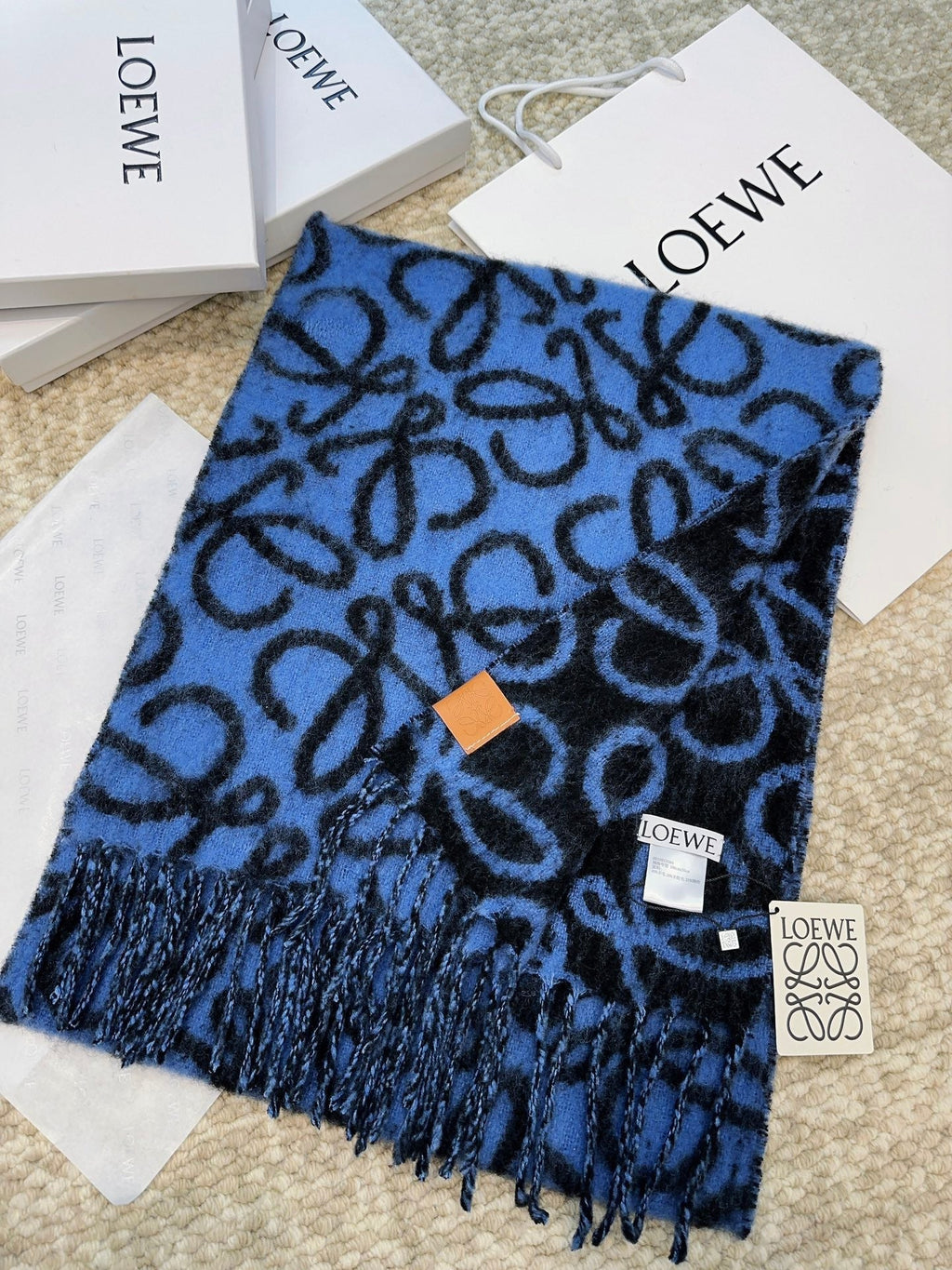 LOEWE SCARF 186 CM IN COBALT BLUE MIX BLACK ALPACA AND WOOL 403824
