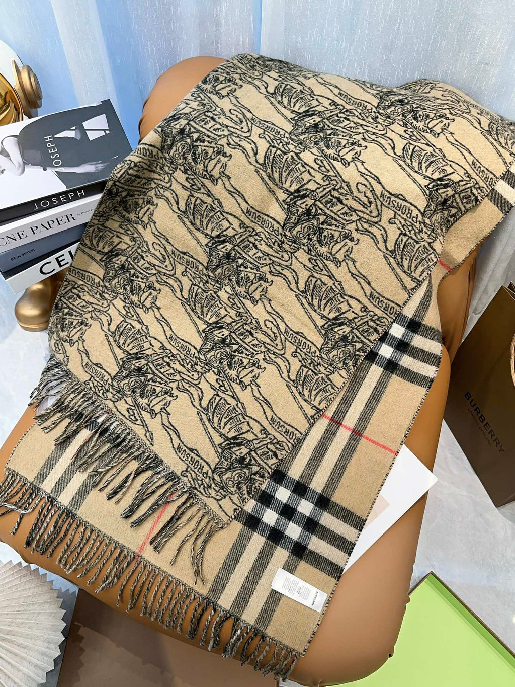 BURBERRY SCARF 210 CM IN CAMEL BEIGE MIX BLACK CASHMERE 408618