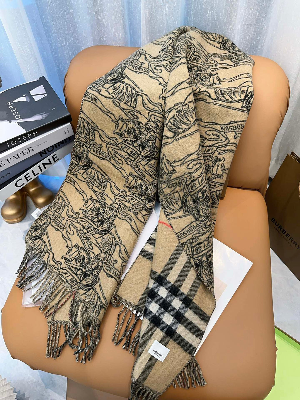 BURBERRY SCARF 210 CM IN CAMEL BEIGE MIX BLACK CASHMERE 408618