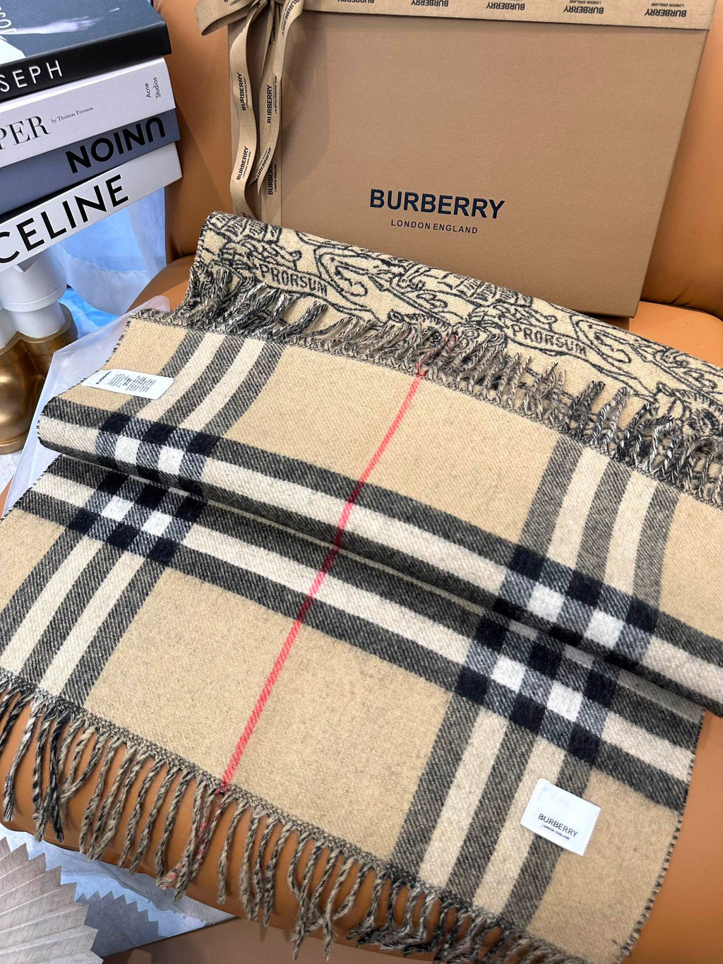 BURBERRY SCARF 210 CM IN CAMEL BEIGE MIX BLACK CASHMERE 408618
