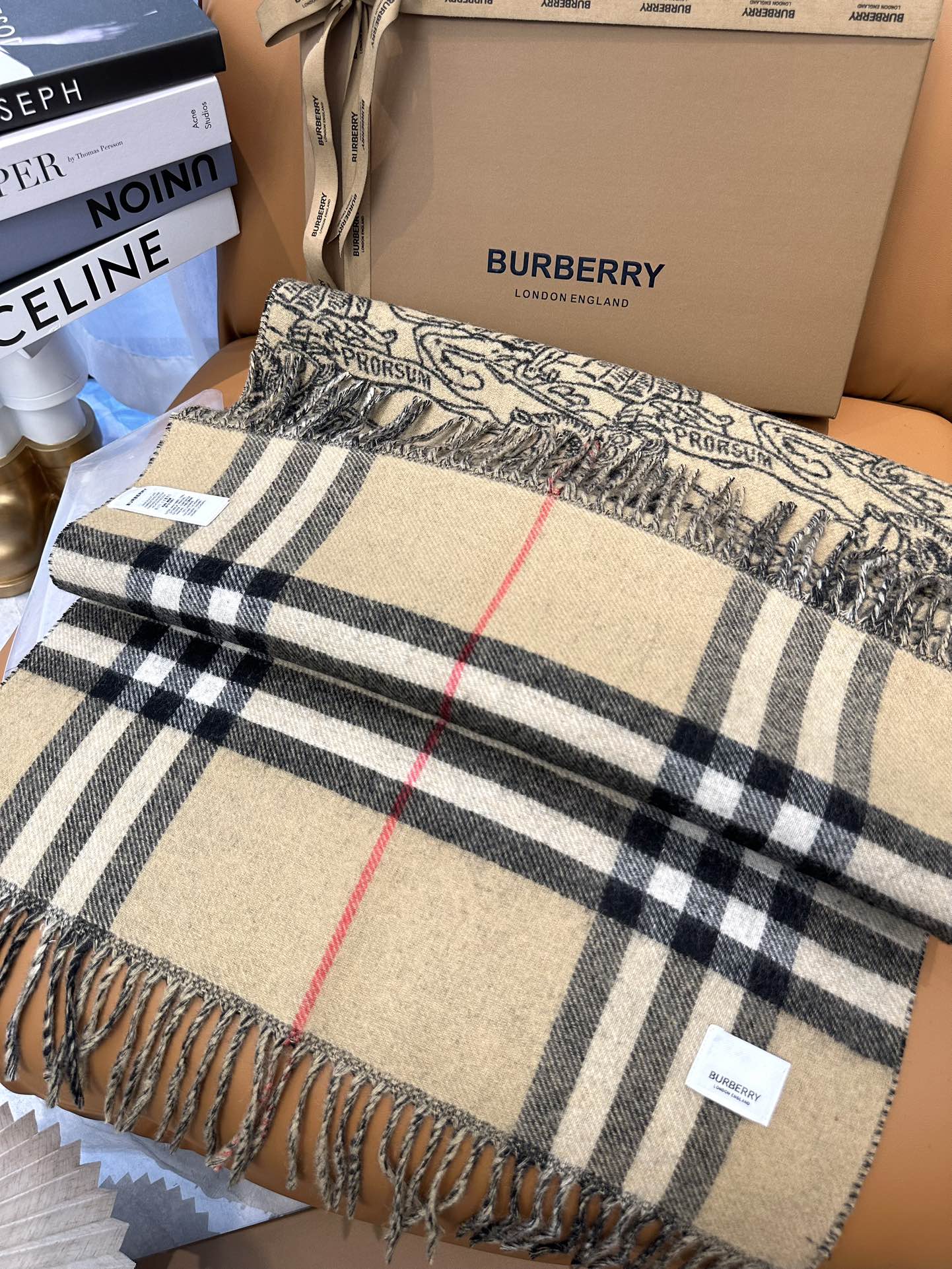 BURBERRY SCARF 210 CM IN CAMEL BEIGE MIX BLACK CASHMERE 408618