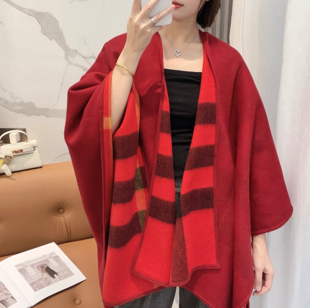 BURBERRY REVERSIBLE CHECK CASHMERE CAPE CHERRY RED AND BLACK 410134