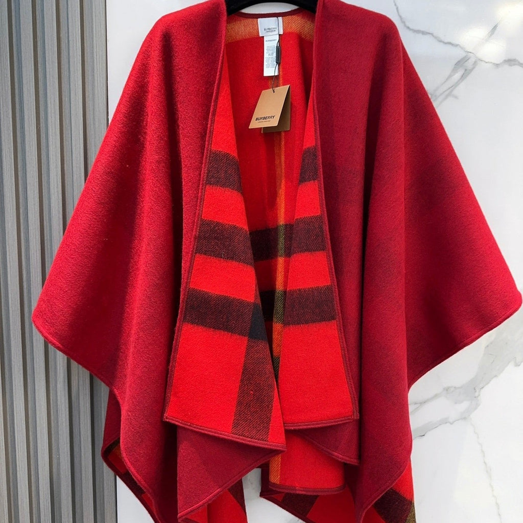 BURBERRY REVERSIBLE CHECK CASHMERE CAPE CHERRY RED AND BLACK 410134