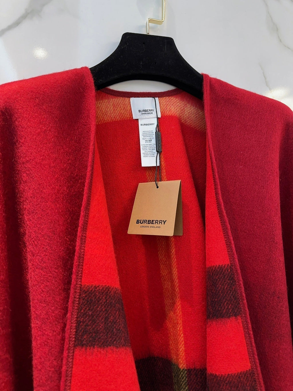 BURBERRY WOOL CAPE 140 CM CHERRY RED AND BLACK 394534