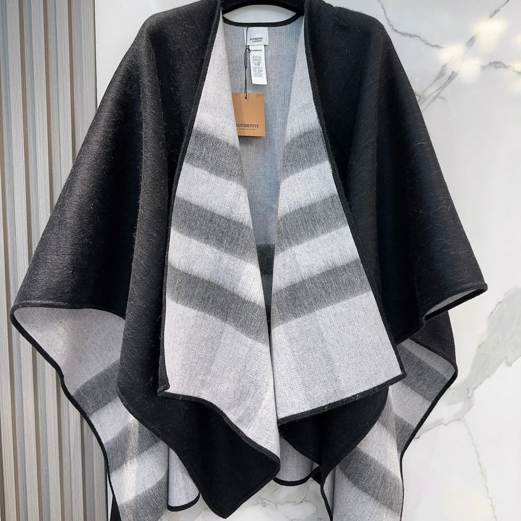 BURBERRY REVERSIBLE CHECK CASHMERE CAPE BLACK AND LIGHT GRAY 410135
