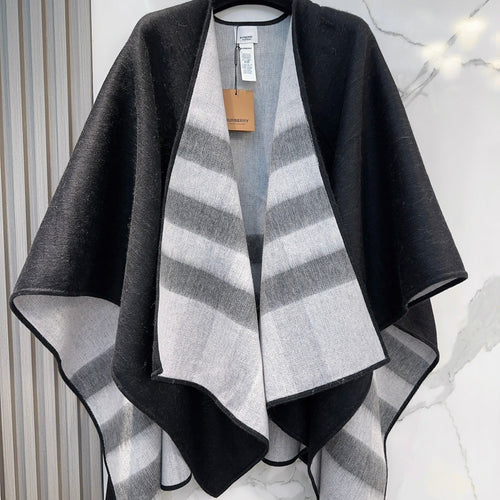 BURBERRY REVERSIBLE CHECK CASHMERE CAPE BLACK AND LIGHT GRAY 410135