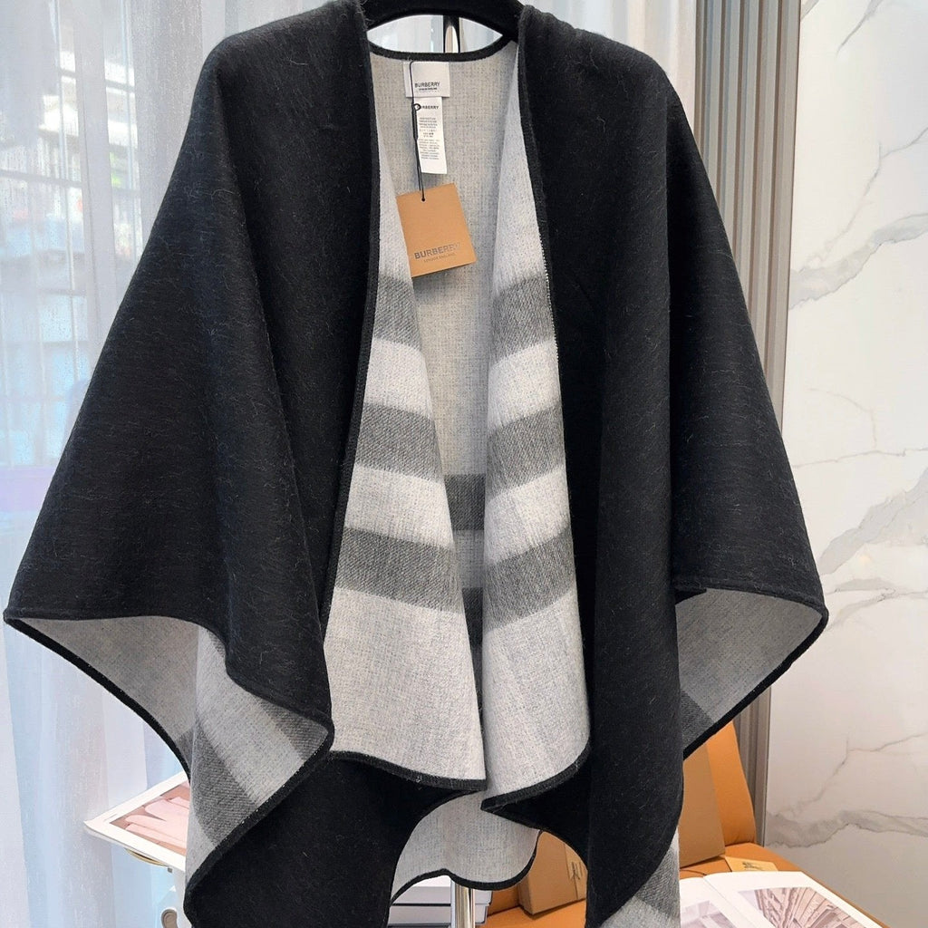 BURBERRY REVERSIBLE CHECK CASHMERE CAPE BLACK AND LIGHT GRAY 410135