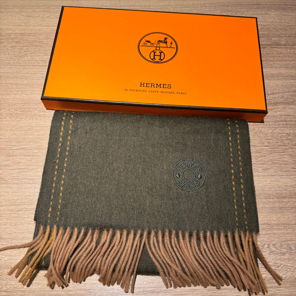 HERMES UNIE BRODEE MUFFLER 200 CM IN SEAWEED GREEN CASERE