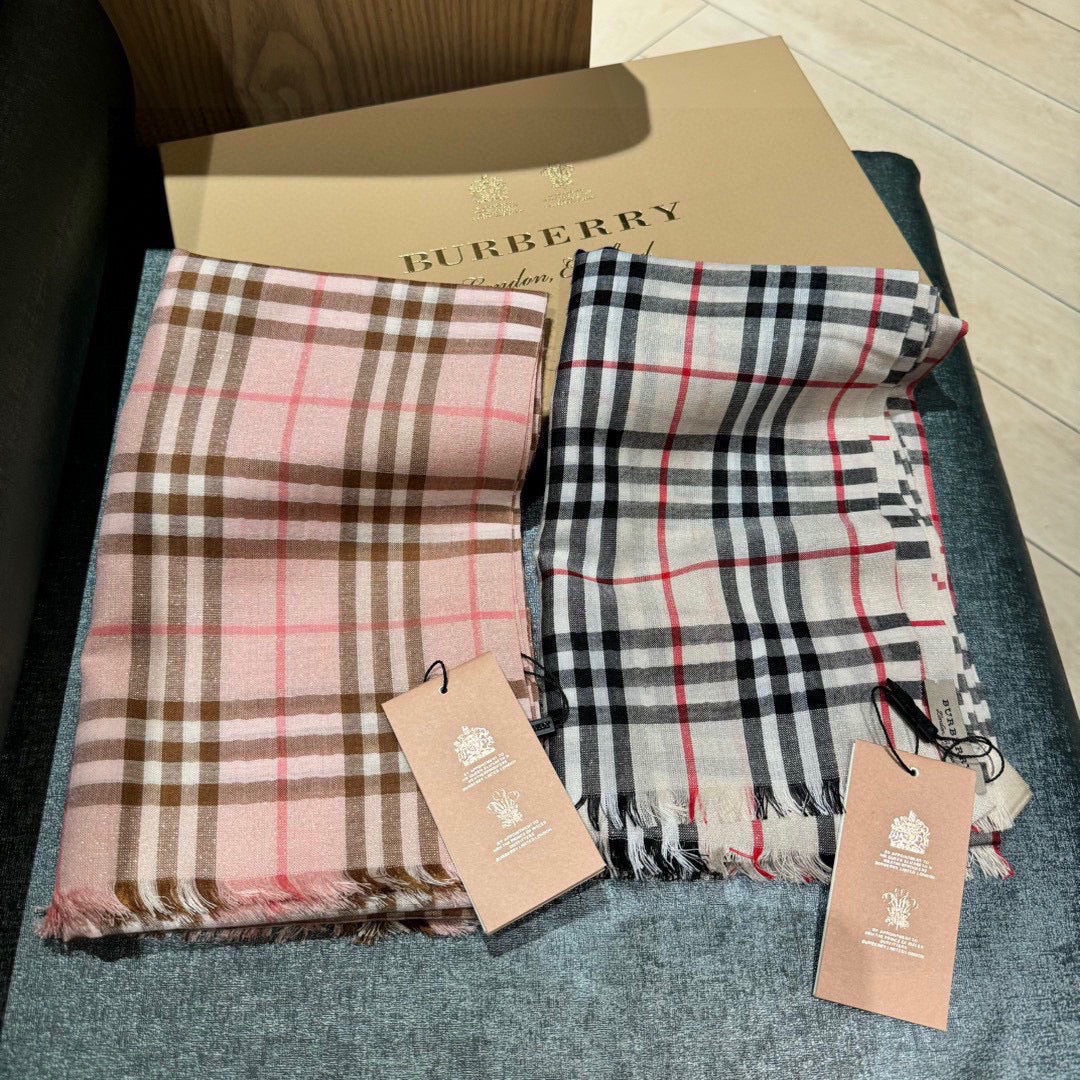 BURBERRY CHECK SCARF 200 CM IN ROSE PINK MIX CAMEL BROWN CASHMERE AND SILK 394665