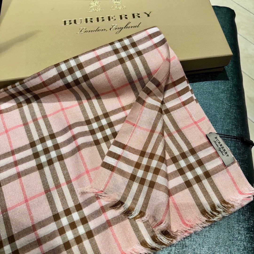 BURBERRY CHECK SCARF 200 CM IN ROSE PINK MIX CAMEL BROWN CASHMERE AND SILK 394665