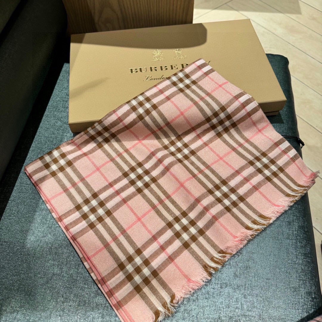 BURBERRY CHECK SCARF 200 CM IN ROSE PINK MIX CAMEL BROWN CASHMERE AND SILK 394665
