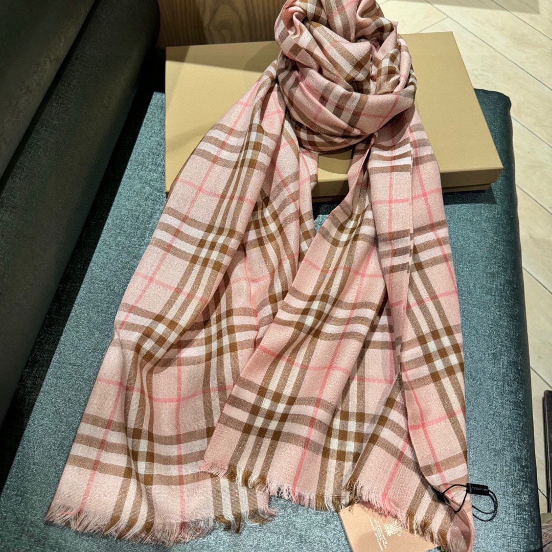 BURBERRY CHECK SCARF 200 CM IN ROSE PINK MIX CAMEL BROWN CASHMERE AND SILK 394665