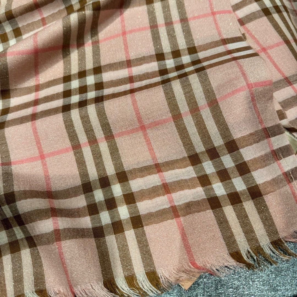 BURBERRY CHECK SCARF 200 CM IN ROSE PINK MIX CAMEL BROWN CASHMERE AND SILK 394665