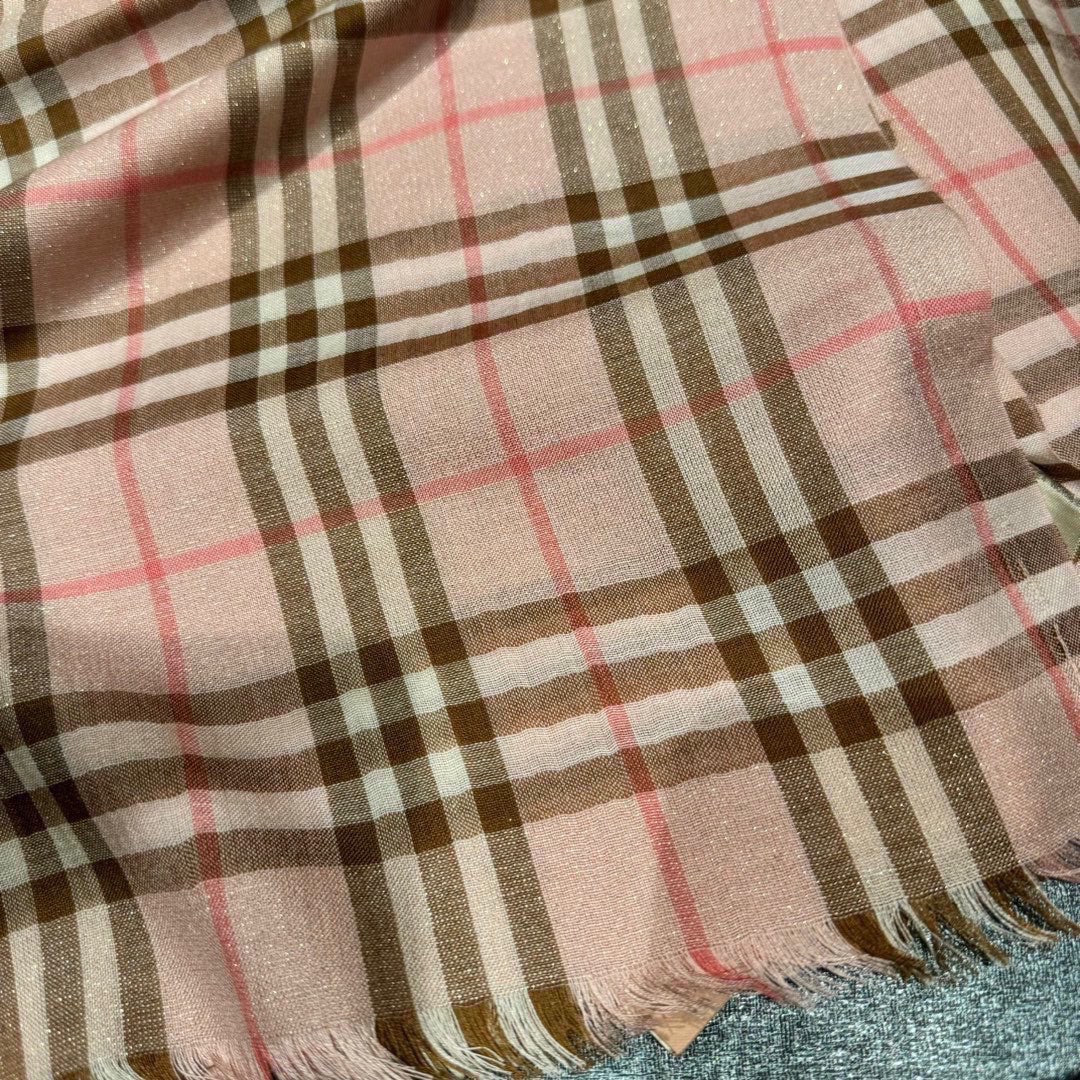 BURBERRY CHECK SCARF 200 CM IN ROSE PINK MIX CAMEL BROWN CASHMERE AND SILK 394665