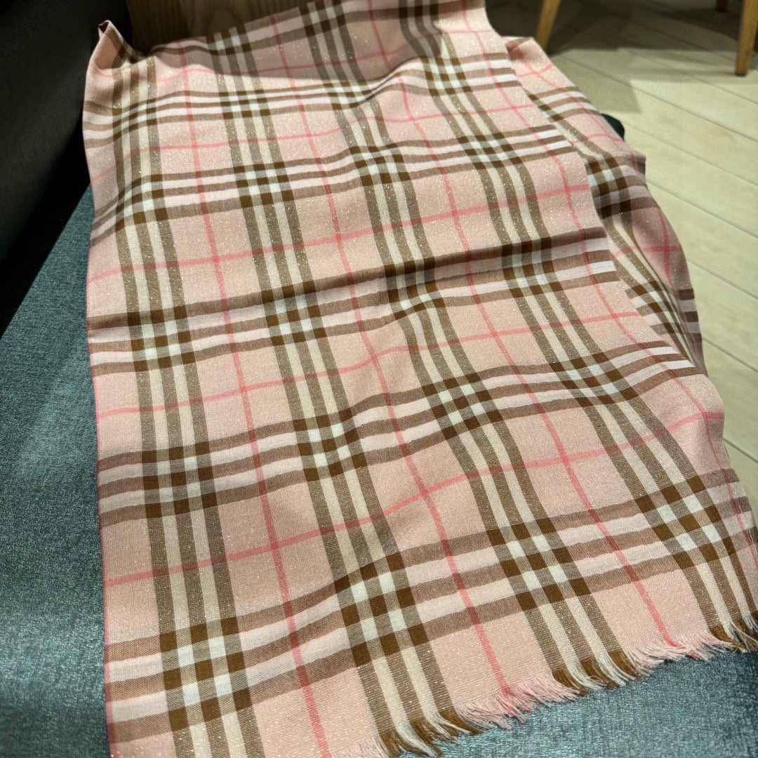 BURBERRY CHECK SCARF 200 CM IN ROSE PINK MIX CAMEL BROWN CASHMERE AND SILK 394665