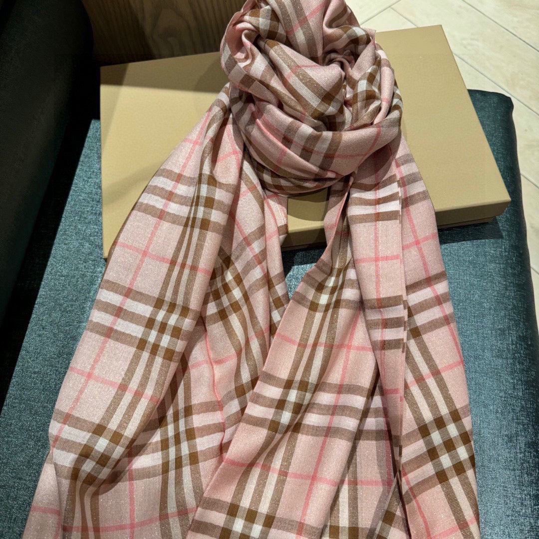 BURBERRY CHECK SCARF 200 CM IN ROSE PINK MIX CAMEL BROWN CASHMERE AND SILK 394665