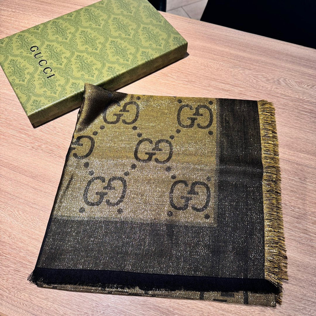 GUCCI JACQUARD SILK WOOL SHAWL 140 CM ANTIQUE GOLD 401258