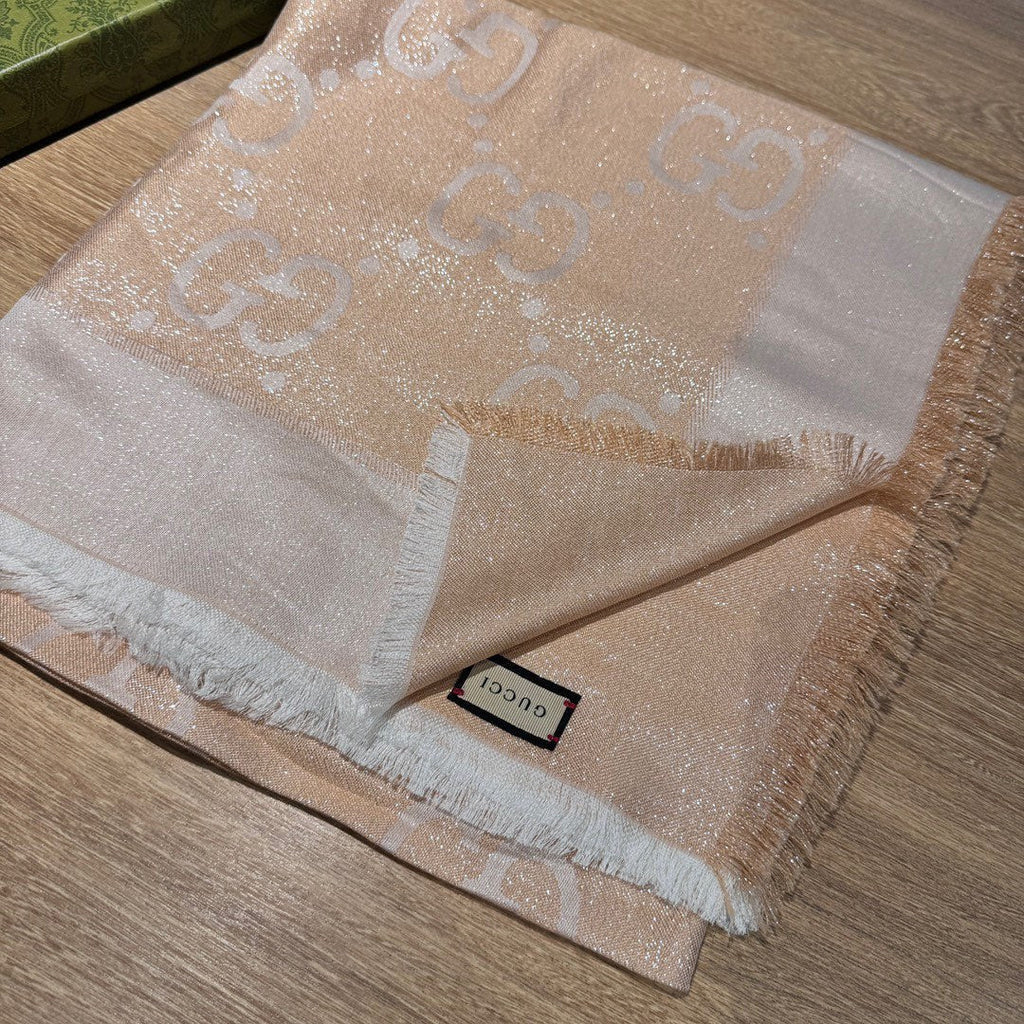 GUCCI JACQUARD SILK WOOL SHAWL 140 CM BISQUE BEIGE 401261