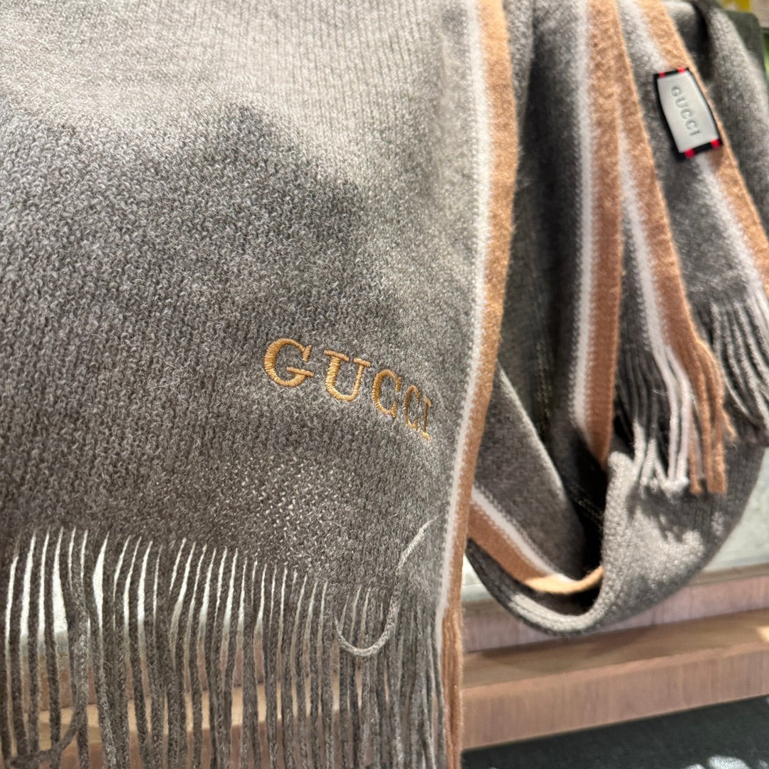 GUCCI SCARF 180 CM IN SHADOW GRAY MIX PEANUT BROWN WOOL 403965