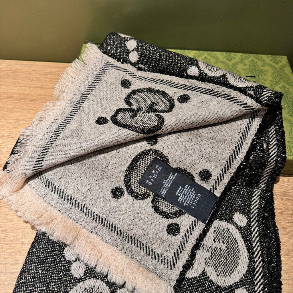 GUCCI SCARF 195 CM IN BLACK AND LIGHT GRAY  WOOL LAMÉ JACQUARD 403977