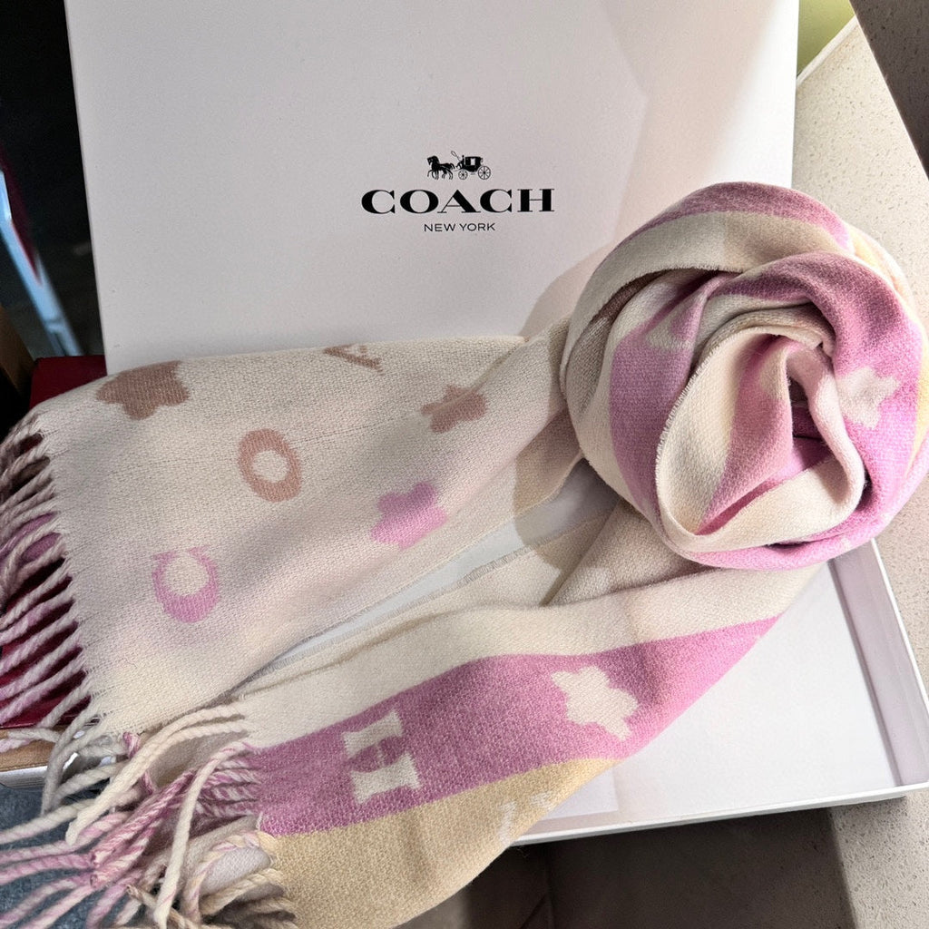COACH STARS AND STRIPES PRINT SCARF 183 CM IN WHITE AND COLORFUL COTTON WOOL 410185
