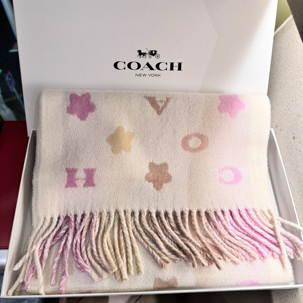 COACH STARS AND STRIPES PRINT SCARF 183 CM IN WHITE AND COLORFUL COTTON WOOL 410185