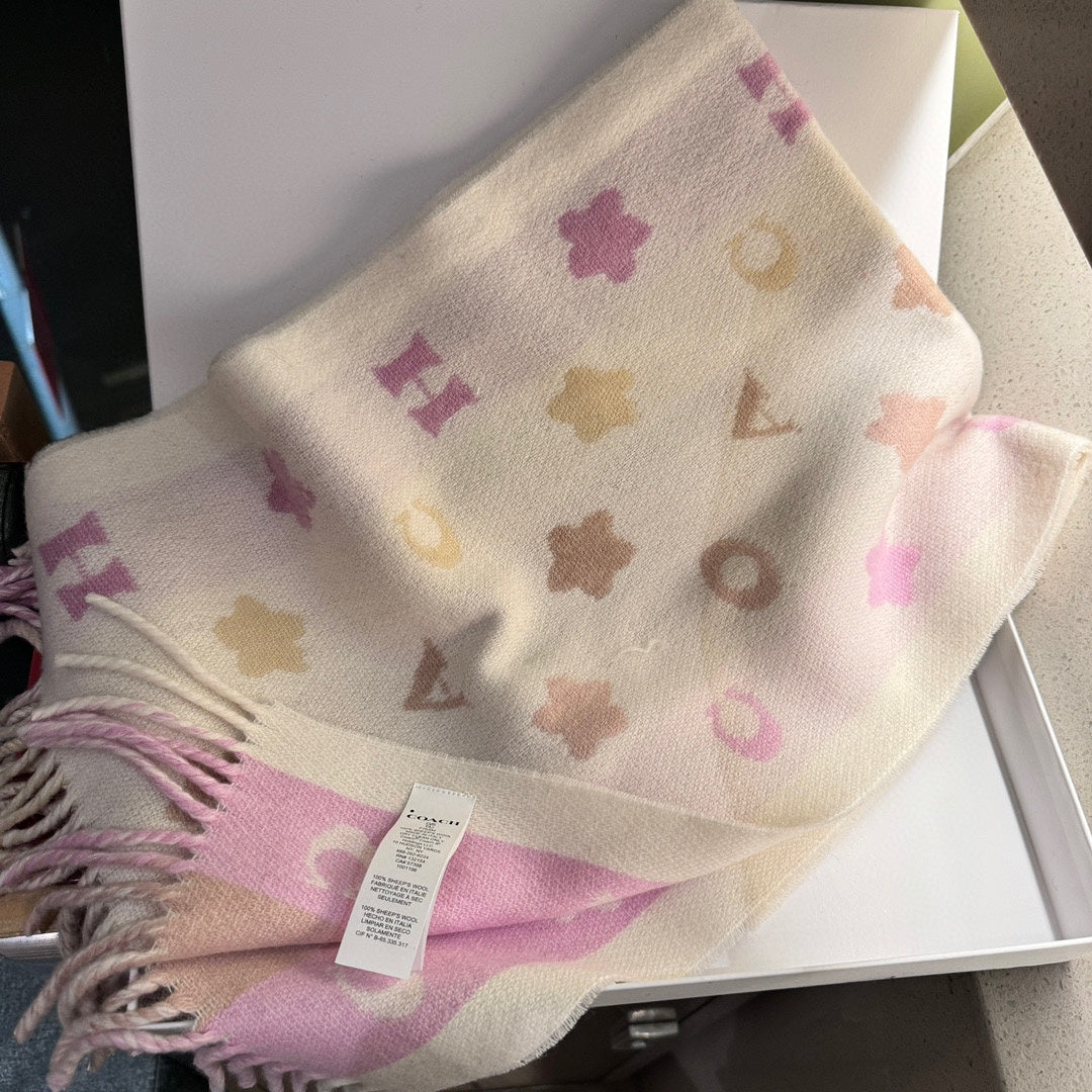 COACH STARS AND STRIPES PRINT SCARF 183 CM IN WHITE AND COLORFUL COTTON WOOL 410185