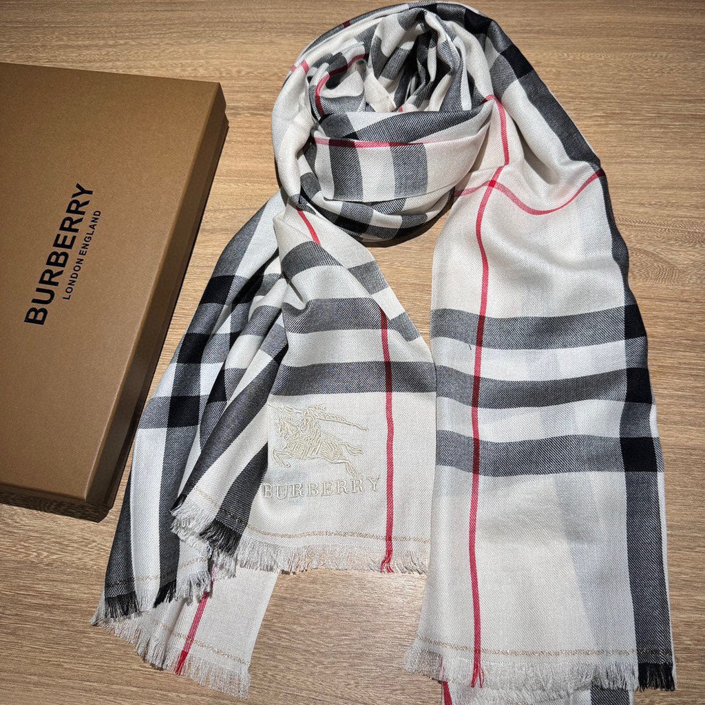 BURBERRY CHECK SCARF 200 CM IN WHITE MIX BLACK WOOL 410342