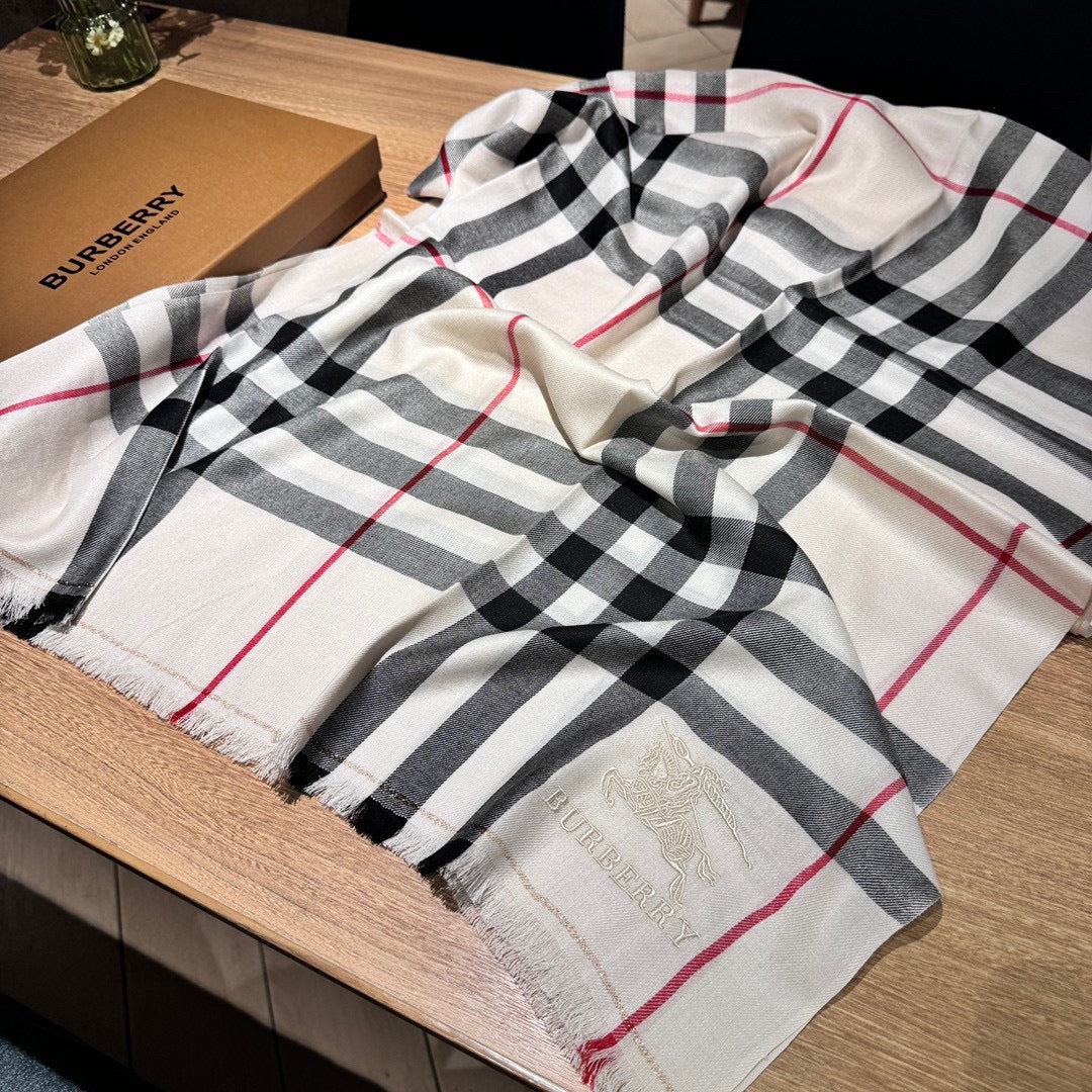 BURBERRY CHECK SCARF 200 CM IN WHITE MIX BLACK WOOL 410342